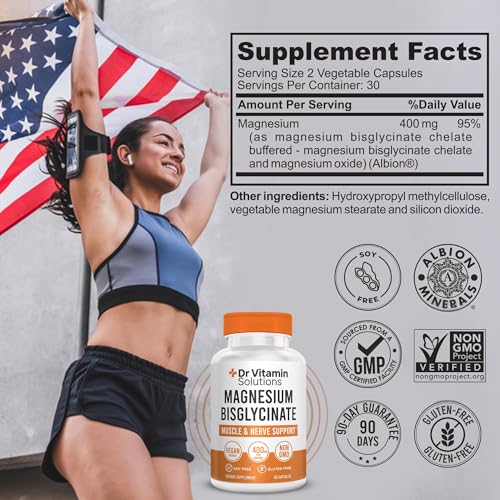 Magnesium Glycinate 400mg (Buffered Magnesium Bisglycinate Chelate) | Albion® Chelated Magnesium for Muscle & Nerve Support + Calm | High Absorption, Gentle on Stomach | 60 Vegan Capsules