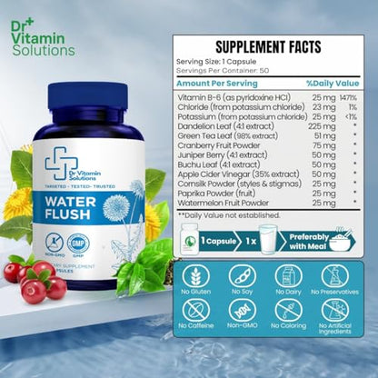Diuretic Water Pills - Water Flush - Debloating for Women and Men, Relief from Swelling, Water Retention - Green Tea, Dandelion Leaf and Cranberry Powder Detox