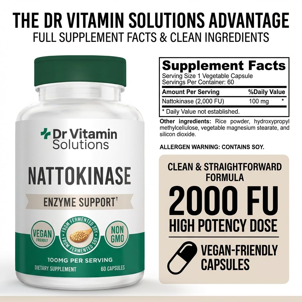 DR VITAMIN SOLUTIONS Nattokinase 2,000 FU (100 mg) – Systemic Enzyme Support – from Fermented Soy (Natto) – Vegan Friendly, Non‑GMO – 60 Veggie Capsules