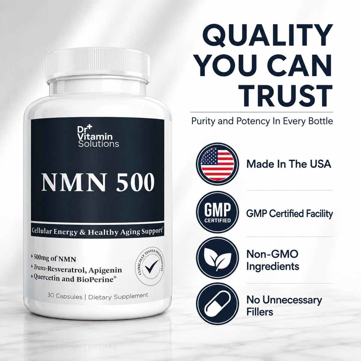 NMN Supplement 500mg with Resveratrol & TMG, NAD+ Precursor, 30 Capsules