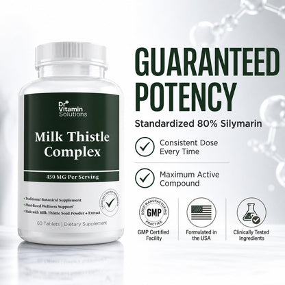 DR Vitamin Milk Thistle Complex 450 mg – 175 mg Standardized Milk Thistle Extract Plus 275 mg Milk Thistle Powder – Herbal Supplement – Non-GMO – 60 Tablets