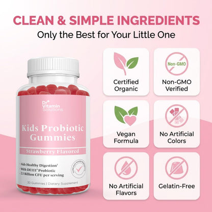 DR VITAMIN SOLUTIONS Kids Organic Probiotic Gummies for Digestive Support – 2.5 Billion CFU DE111 Probiotic – Vegan, Non-GMO, Pectin Gummies – 60 Count