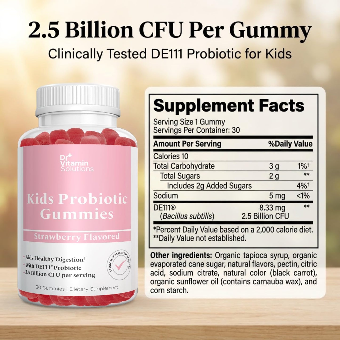 DR VITAMIN SOLUTIONS Kids Organic Probiotic Gummies for Digestive Support – 2.5 Billion CFU DE111 Probiotic – Vegan, Non-GMO, Pectin Gummies – 60 Count