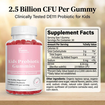 DR VITAMIN SOLUTIONS Kids Organic Probiotic Gummies for Digestive Support – 2.5 Billion CFU DE111 Probiotic – Vegan, Non-GMO, Pectin Gummies – 60 Count