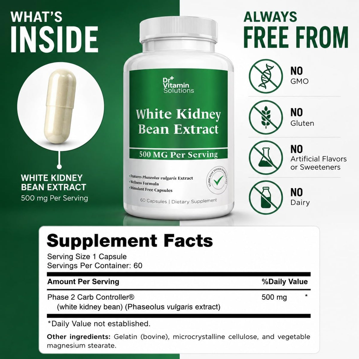 Dr Vitamin White Kidney Bean Extract 500 mg, 60 Vegetable Capsules