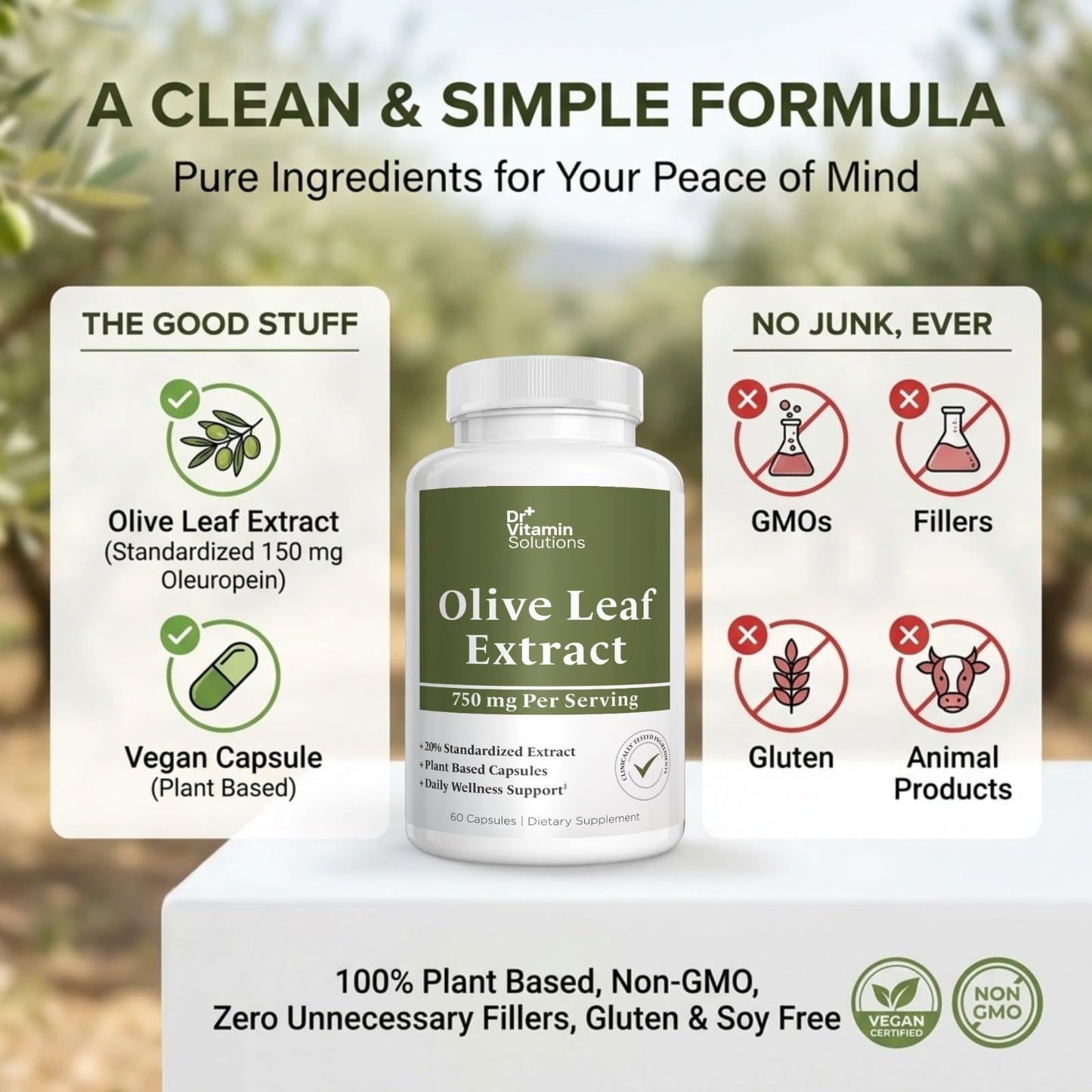 Olive Leaf Extract Capsules 750mg - 150mg Oleuropein, 60 Capsules 2 Month