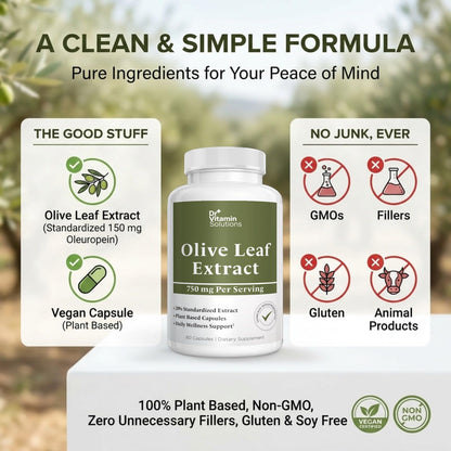 Olive Leaf Extract Capsules 750mg - 150mg Oleuropein, 60 Capsules 2 Month