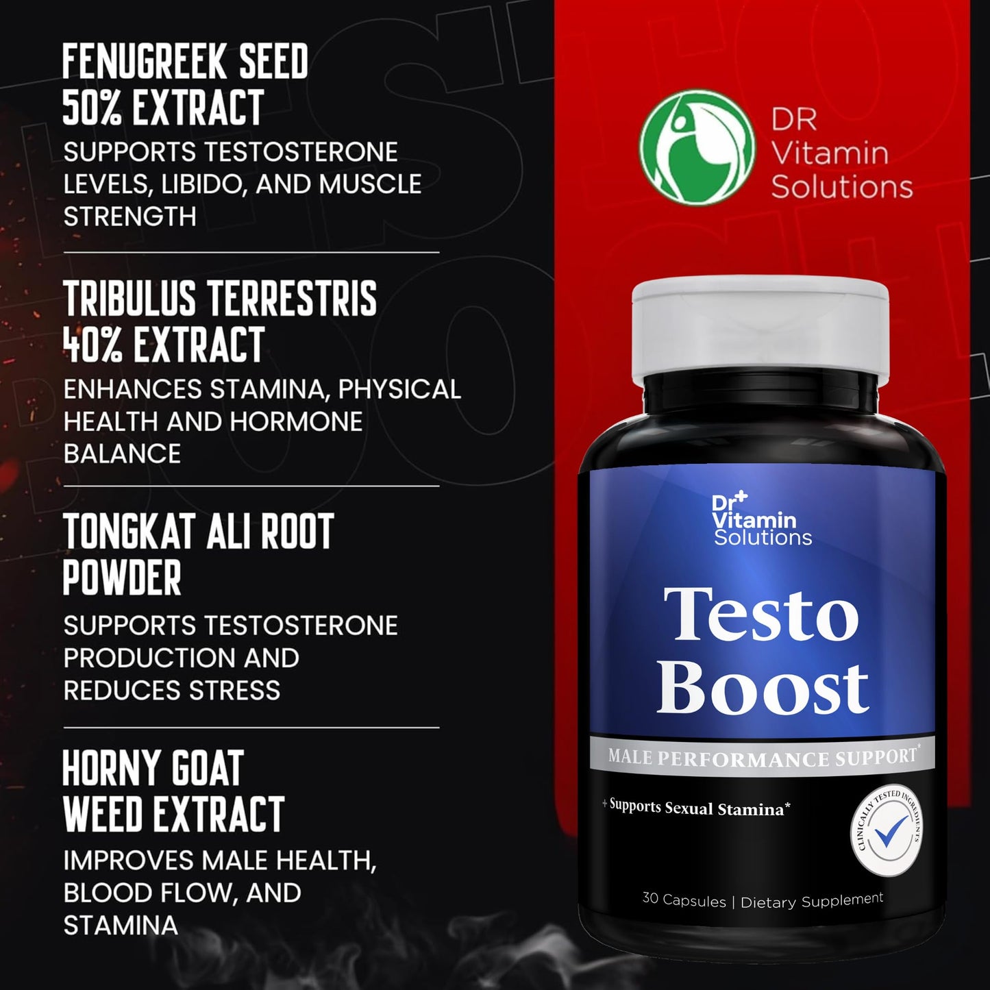 Dr. Vitamin Testo Boost Supplement for Men - Stamina, Endurance & Energy Enhancement - Male Testosterone Booster w/ Fenugreek, Tribulus, Tongkat Ali, Horny Goat Weed - 30 Capsules