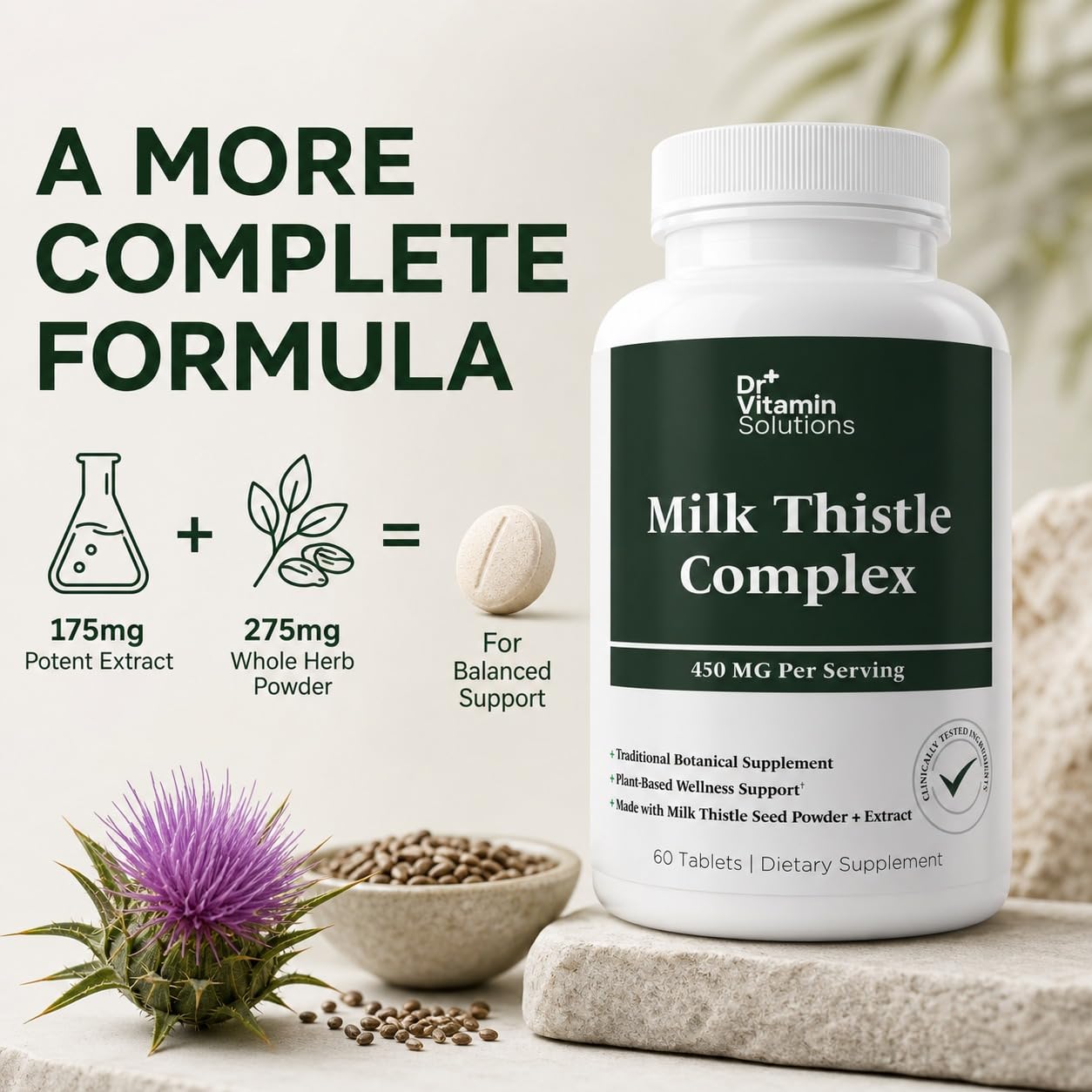 DR Vitamin Milk Thistle Complex 450 mg – 175 mg Standardized Milk Thistle Extract Plus 275 mg Milk Thistle Powder – Herbal Supplement – Non-GMO – 60 Tablets
