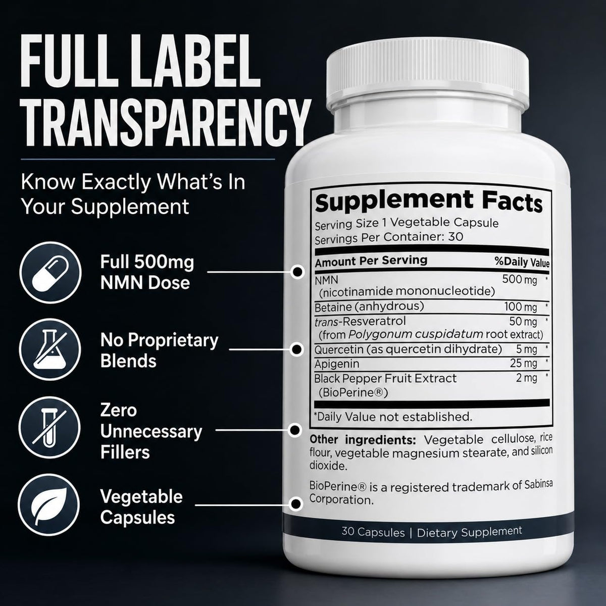 NMN Supplement 500mg with Resveratrol & TMG, NAD+ Precursor, 30 Capsules