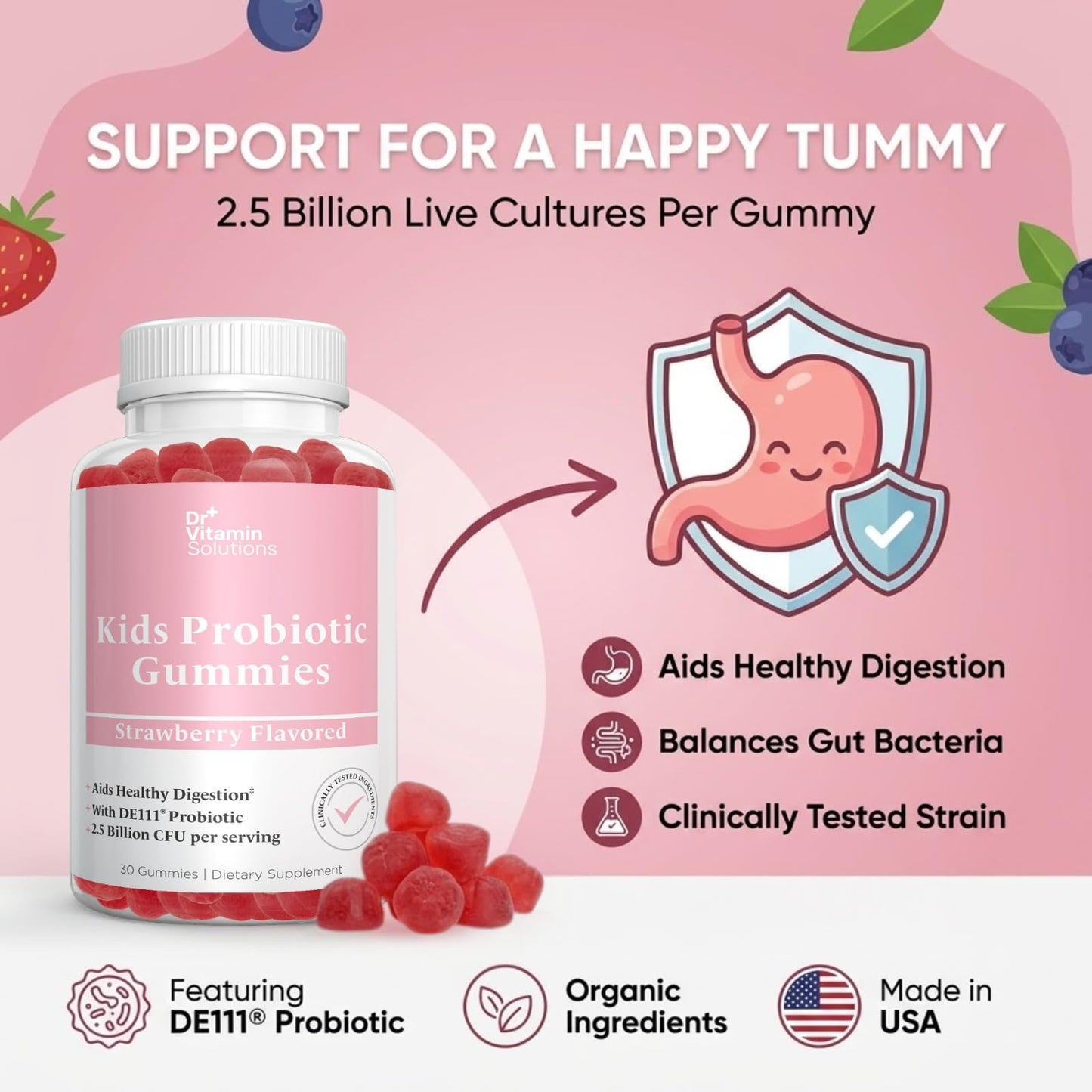 DR VITAMIN SOLUTIONS Kids Organic Probiotic Gummies for Digestive Support – 2.5 Billion CFU DE111 Probiotic – Vegan, Non-GMO, Pectin Gummies – 60 Count