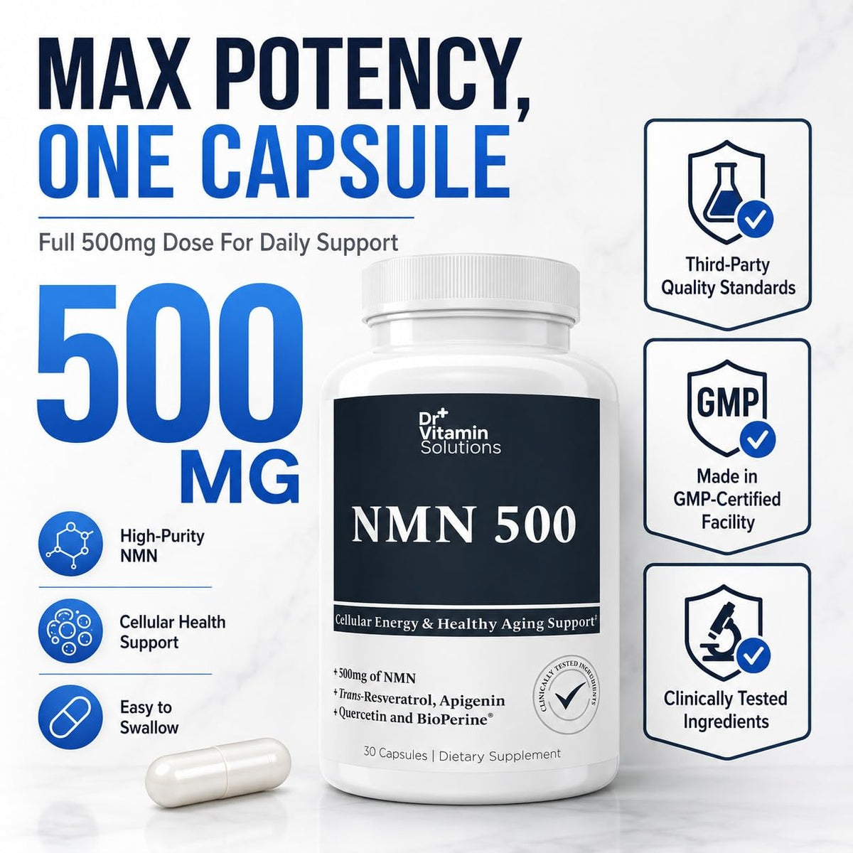 NMN Supplement 500mg with Resveratrol & TMG, NAD+ Precursor, 30 Capsules