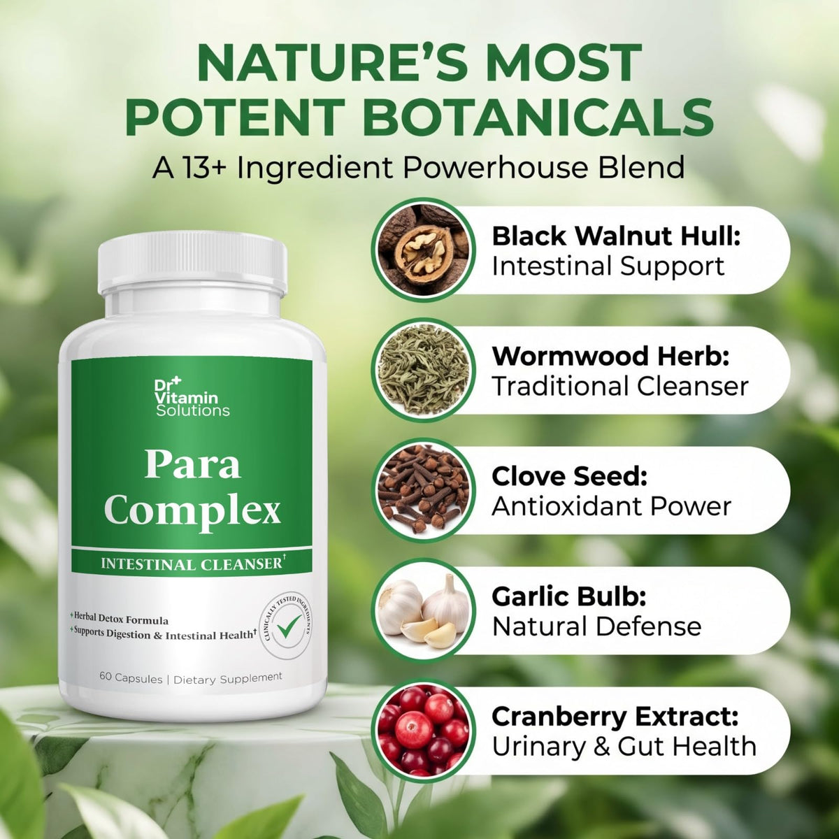 Para Complex Intestinal Cleanser – Wormwood, Black Walnut, Clove & Pau d'Arco Cleanse for Humans – Herbal Detox Formula with Garlic, Pumpkin Seed, Cranberry & Zinc, Non-GMO, 60 Capsules