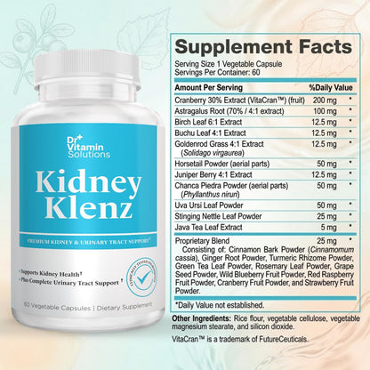 Dr Vitamin Kidney Klenz - Cranberry Extract + Herbal Blend - Kidney & Urinary Tract Support - 60 Vegetable Capsules - Non-GMO Herbal Supplement