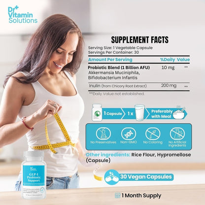 GLP-1 Probiotic Support Appetite Suppressant – Akkermansia muciniphila & Bifidobacterium infantis – Inulin Prebiotic Fiber – Gut Cleanse, Craving & Weight-Loss Support – 30 Caps