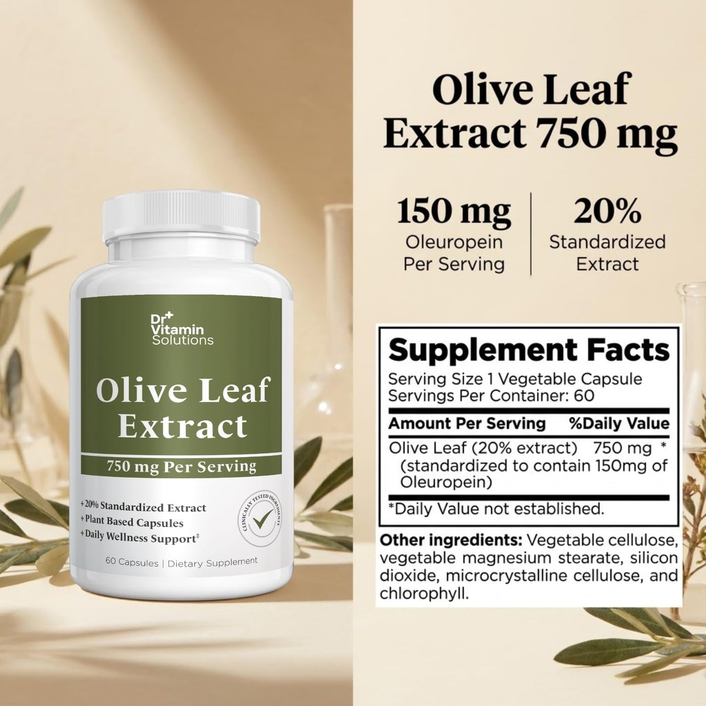 Olive Leaf Extract Capsules 750mg - 150mg Oleuropein, 60 Capsules 2 Month