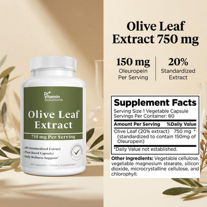 Olive Leaf Extract Capsules 750mg - 150mg Oleuropein, 60 Capsules 2 Month