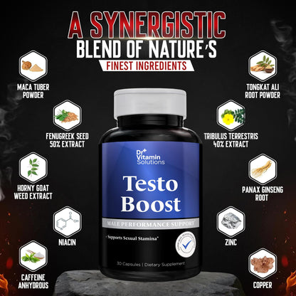 Dr. Vitamin Testo Boost Supplement for Men - Stamina, Endurance & Energy Enhancement - Male Testosterone Booster w/ Fenugreek, Tribulus, Tongkat Ali, Horny Goat Weed - 30 Capsules