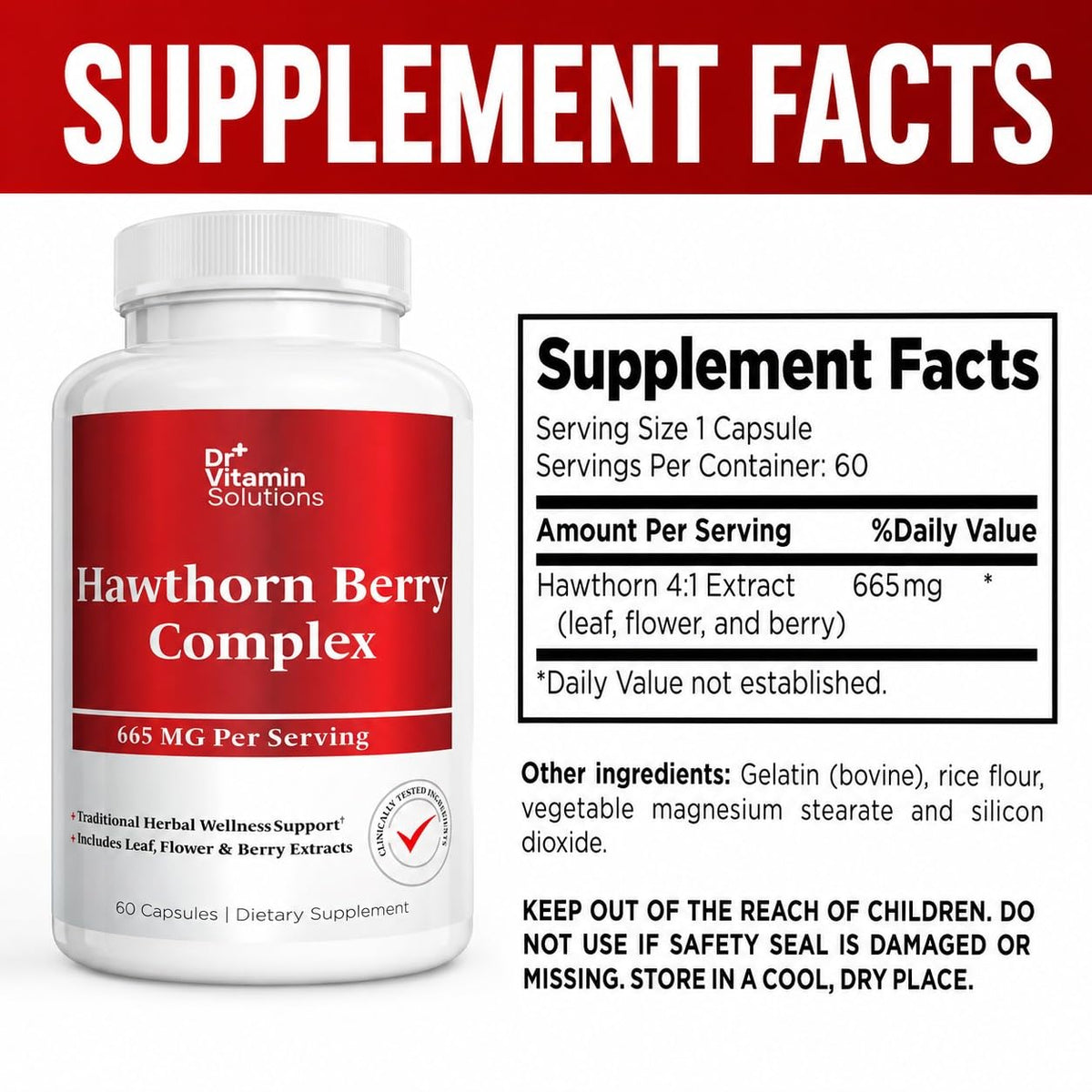 DR Vitamin Hawthorn Berry Complex 665 mg – Herbal Extract Supplement – Botanical Formula – Non-GMO – 60 Capsules
