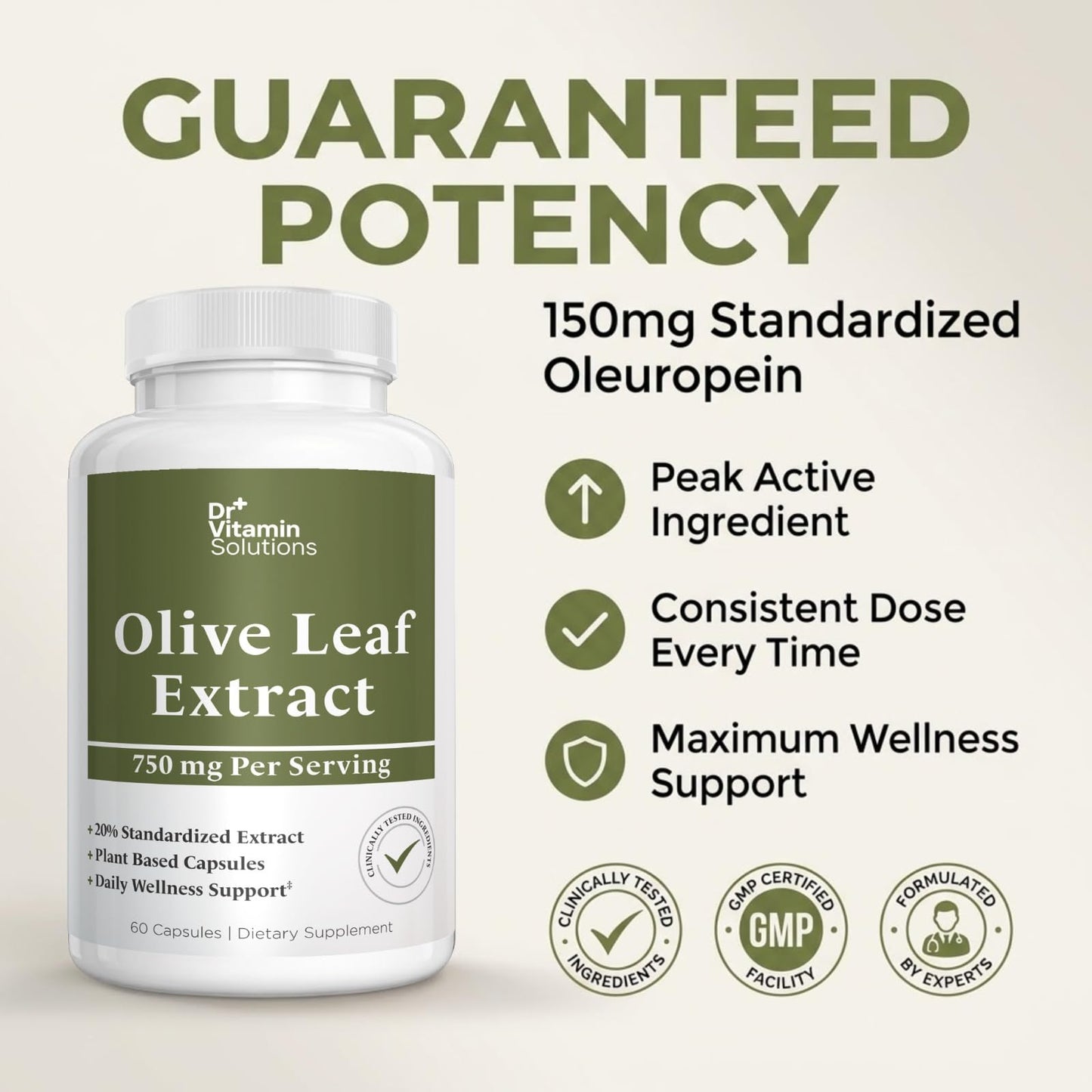 Olive Leaf Extract Capsules 750mg - 150mg Oleuropein, 60 Capsules 2 Month
