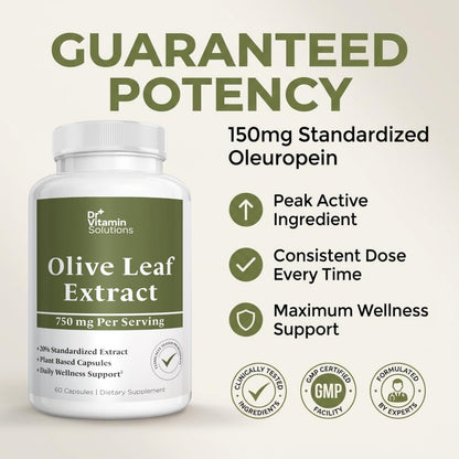 Olive Leaf Extract Capsules 750mg - 150mg Oleuropein, 60 Capsules 2 Month