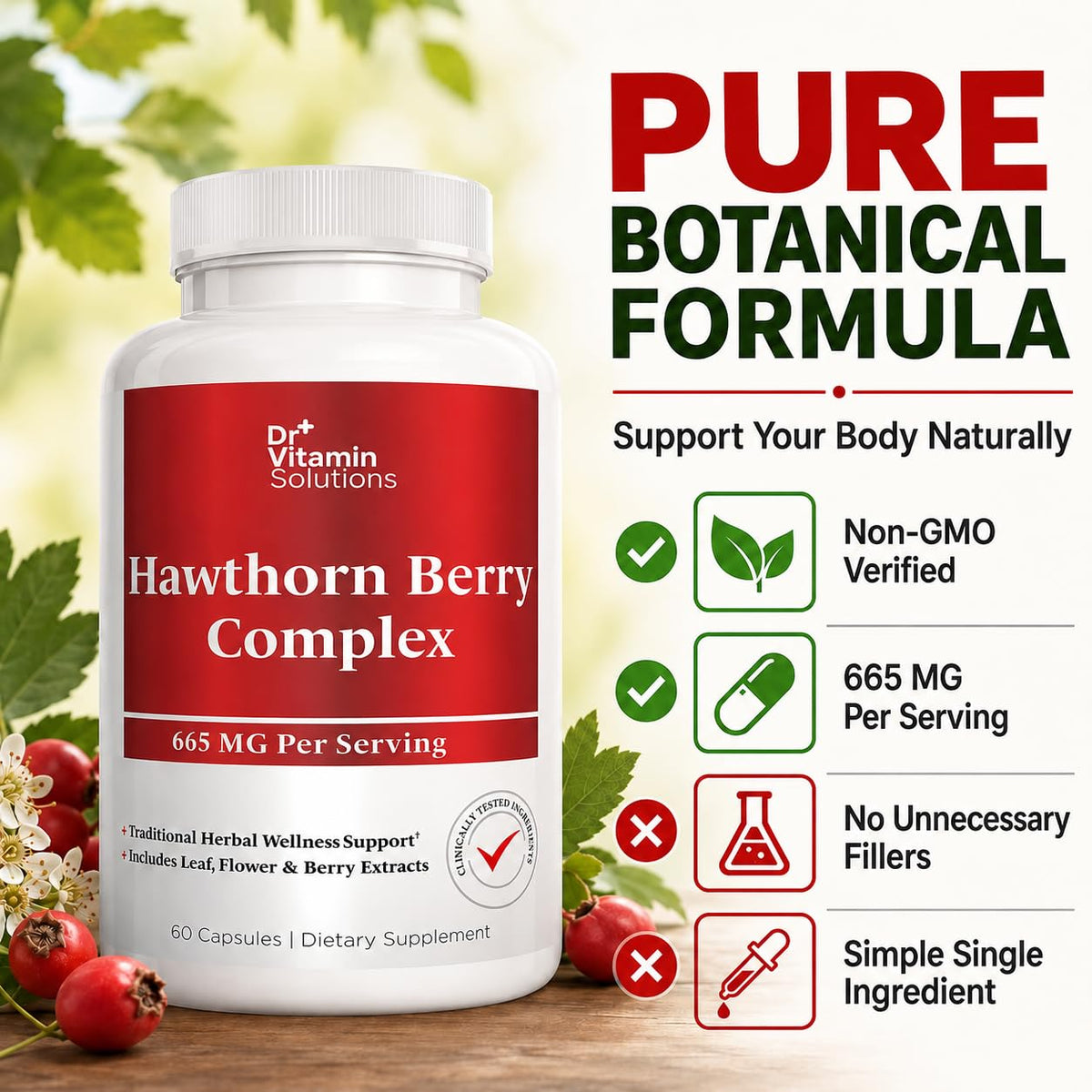 DR Vitamin Hawthorn Berry Complex 665 mg – Herbal Extract Supplement – Botanical Formula – Non-GMO – 60 Capsules