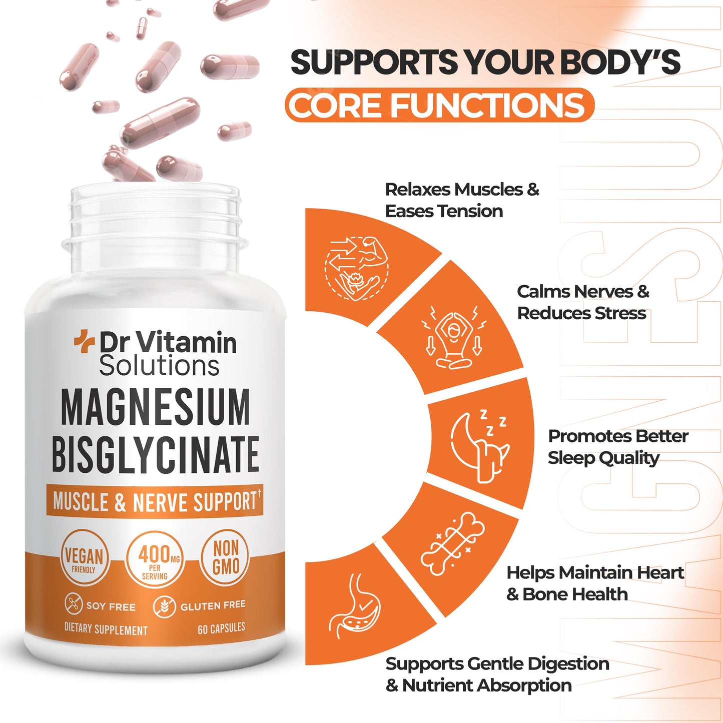 Magnesium Glycinate 400mg (Buffered Magnesium Bisglycinate Chelate) | Albion® Chelated Magnesium for Muscle & Nerve Support + Calm | High Absorption, Gentle on Stomach | 60 Vegan Capsules