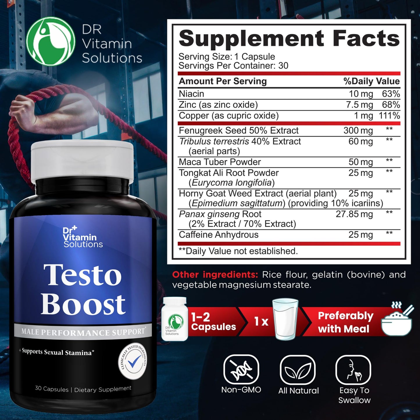 Dr. Vitamin Testo Boost Supplement for Men - Stamina, Endurance & Energy Enhancement - Male Testosterone Booster w/ Fenugreek, Tribulus, Tongkat Ali, Horny Goat Weed - 30 Capsules