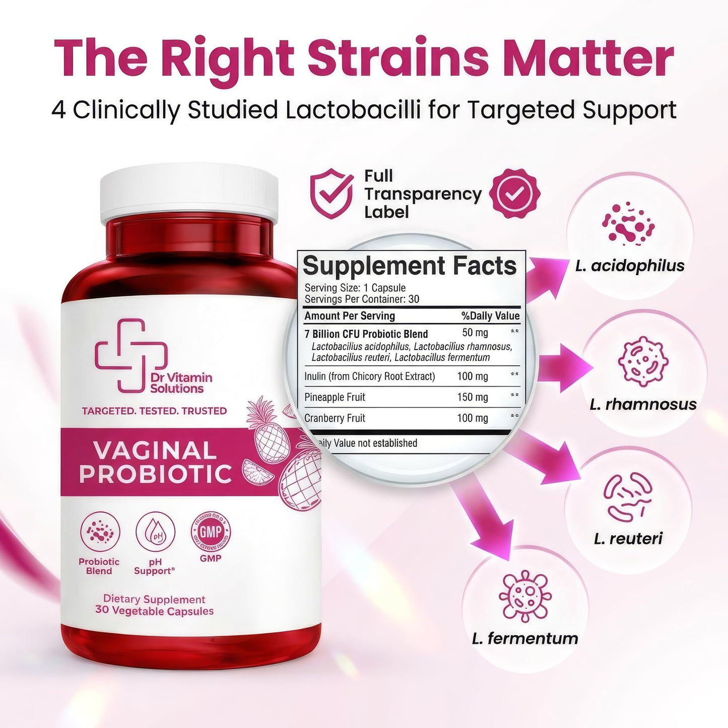 Vaginal Probiotic for Women – 7 Billion CFU Lactobacillus Blend + Prebiotic Inulin, Cranberry & Pineapple – Vaginal pH & Microbiome Support – Daily Women’s Probiotics – 30 Veg Capsules