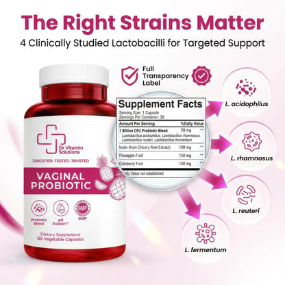 Vaginal Probiotic for Women – 7 Billion CFU Lactobacillus Blend + Prebiotic Inulin, Cranberry & Pineapple – Vaginal pH & Microbiome Support – Daily Women’s Probiotics – 30 Veg Capsules